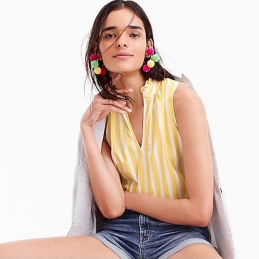 J.Crew Ruffle-Neck in Stripes Poplin, sleeveless blouse -yellow & white | size 0